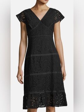 $169 NWT NANETTE LEPORE Sz16 CAP SLEEVE FLOUNCE HEM SHEATH LACE DRESS BLACK